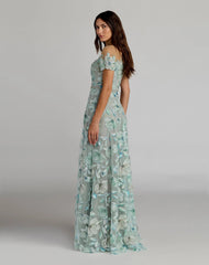 Green High Neck Cap Sleeve Embellished A-Line Gown