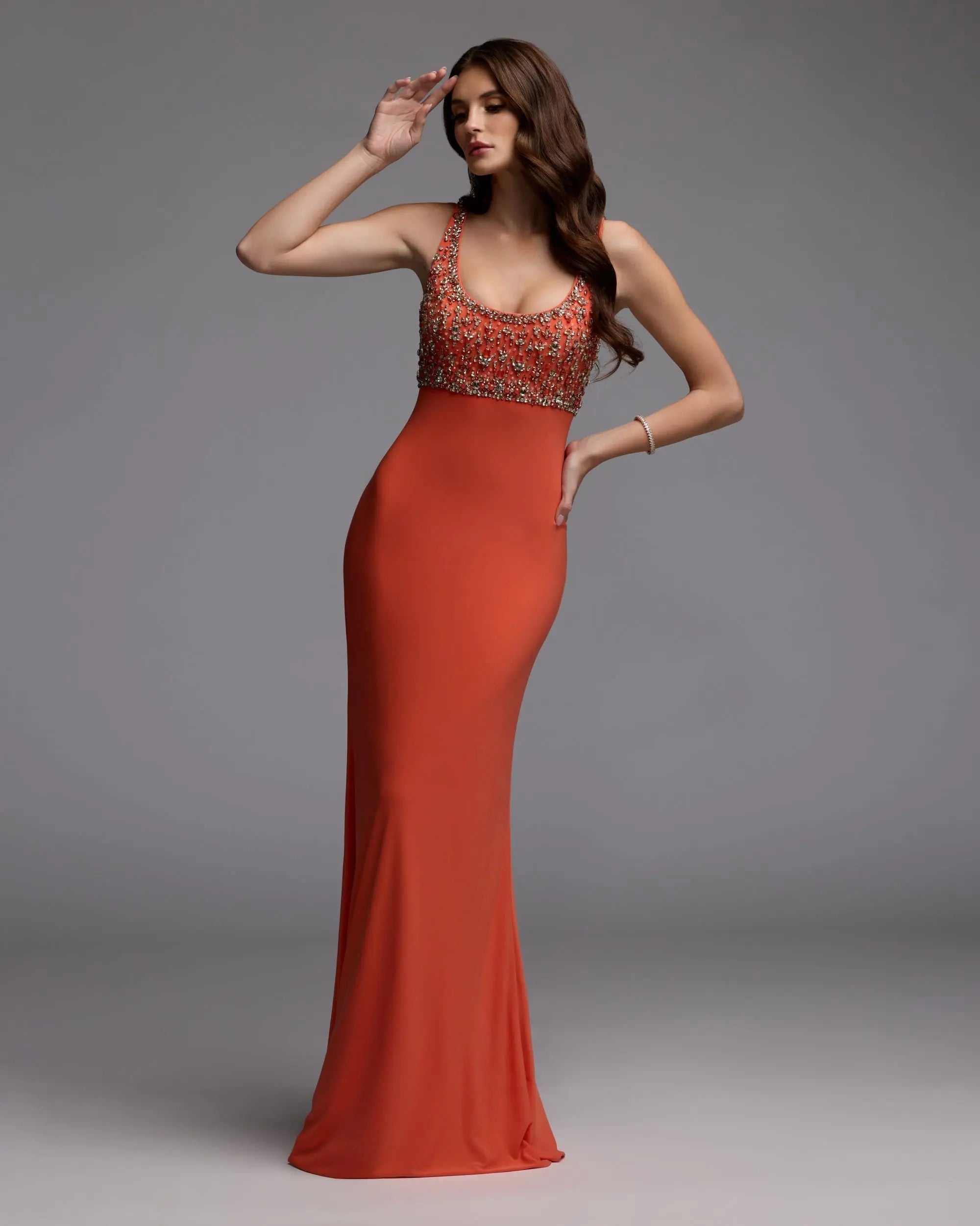 Orange Sleeveless Scoop Neck Embellished Jersey Gown
