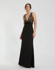Black Sleeveless Embellished Crepe Gown With Bow