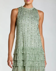 Green Striped Sequin Tiered Ruffle Mini Dress