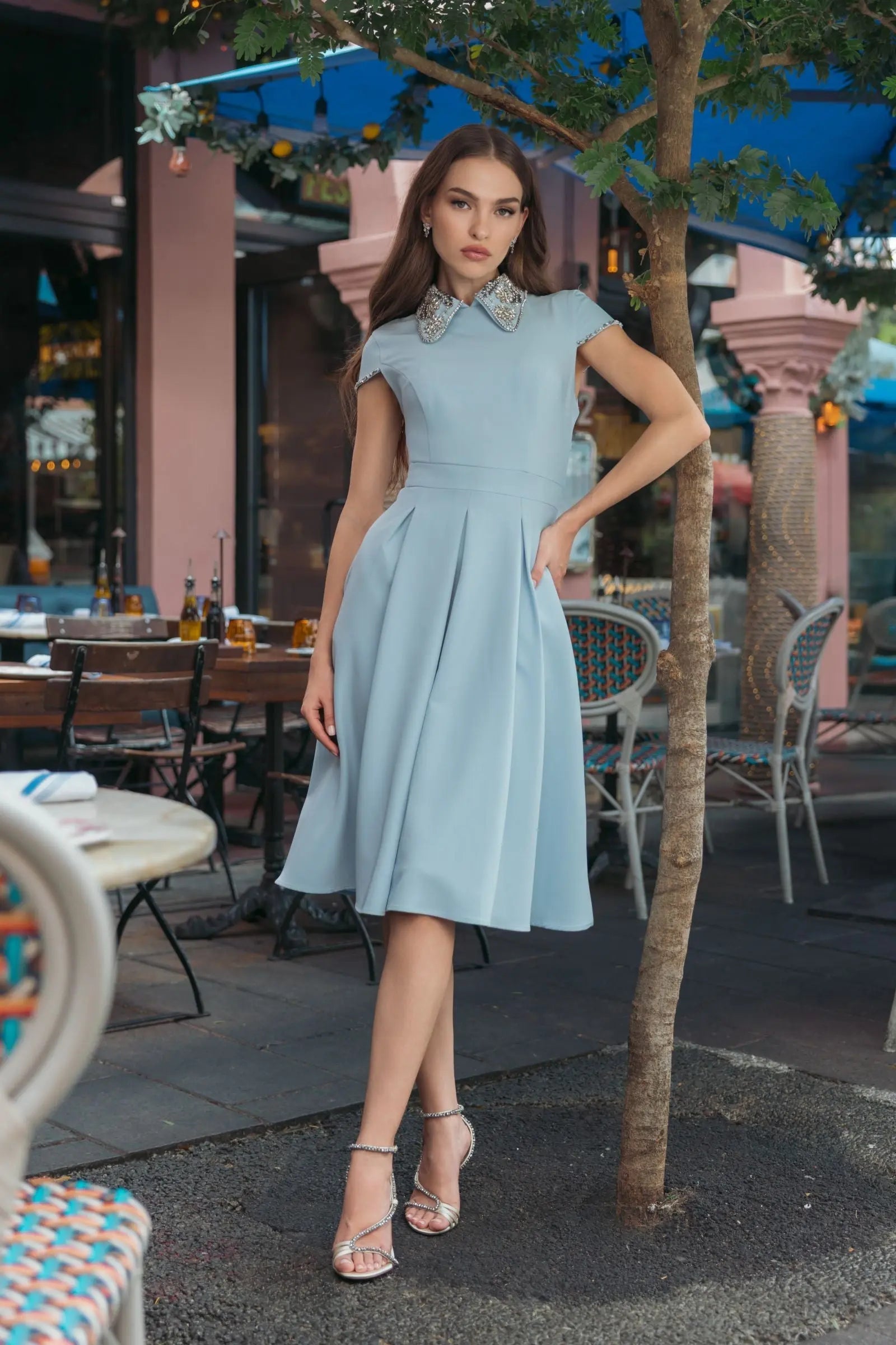 Blue Crepe Short Sleeve Midi Dress With Beading