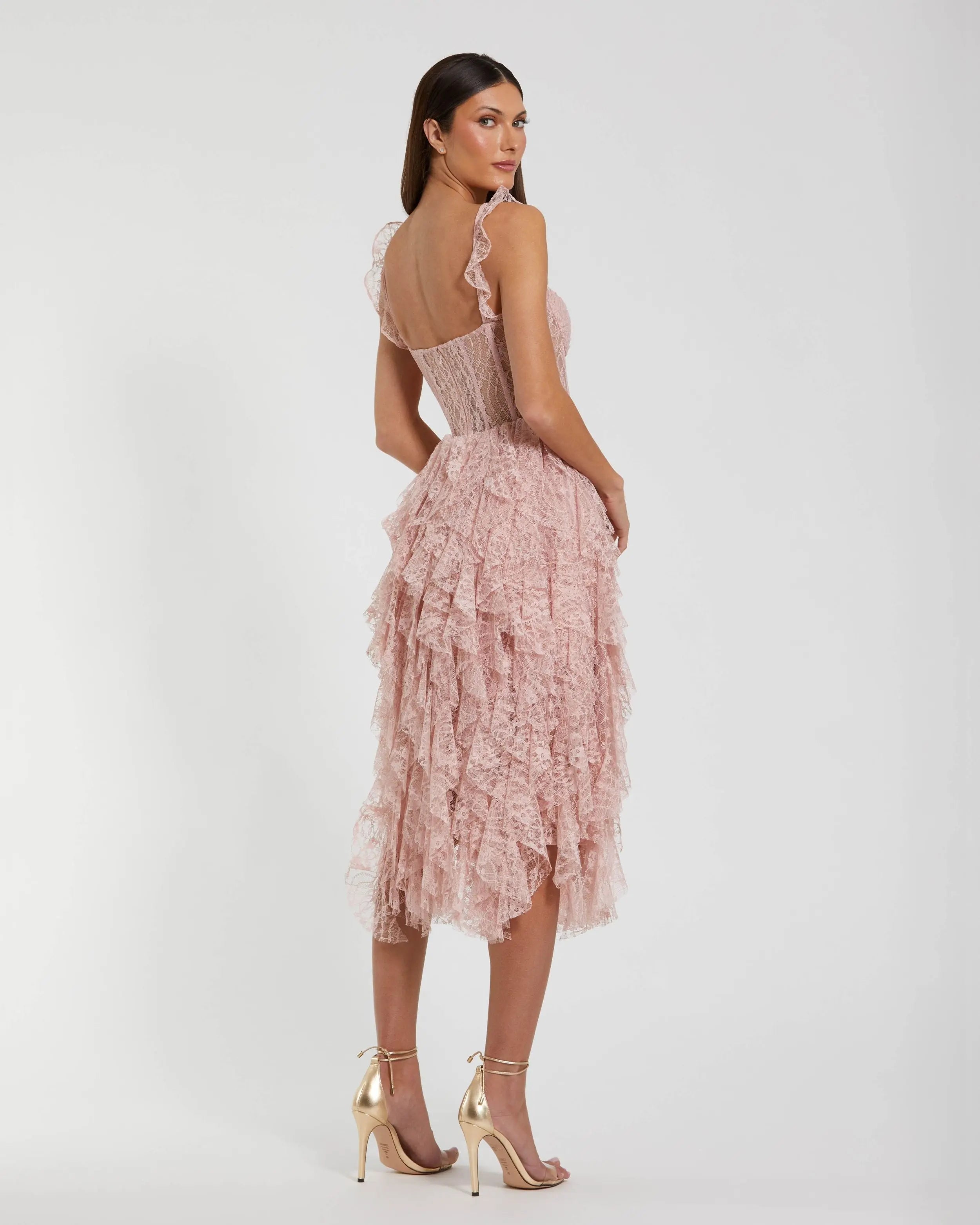 Pink Lace Ruffle Tiered Midi Dress