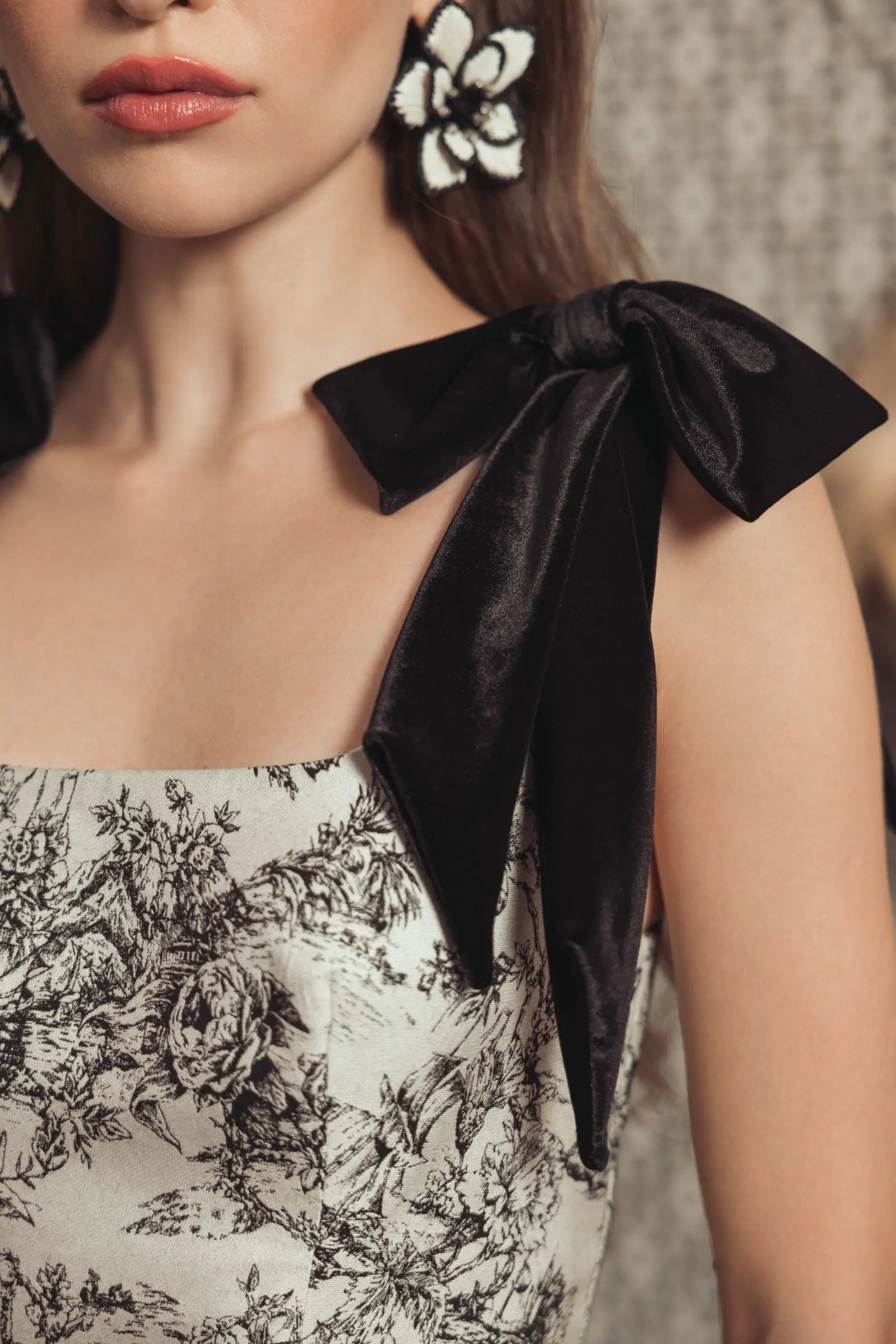 Black Ivory Brocade A Line Midi Dress With Bow Straps
