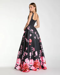 Black Square Neck Floral Print Ball Gown