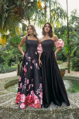Black Satin Off The Shoulder Puff Sleeve Ball Gown