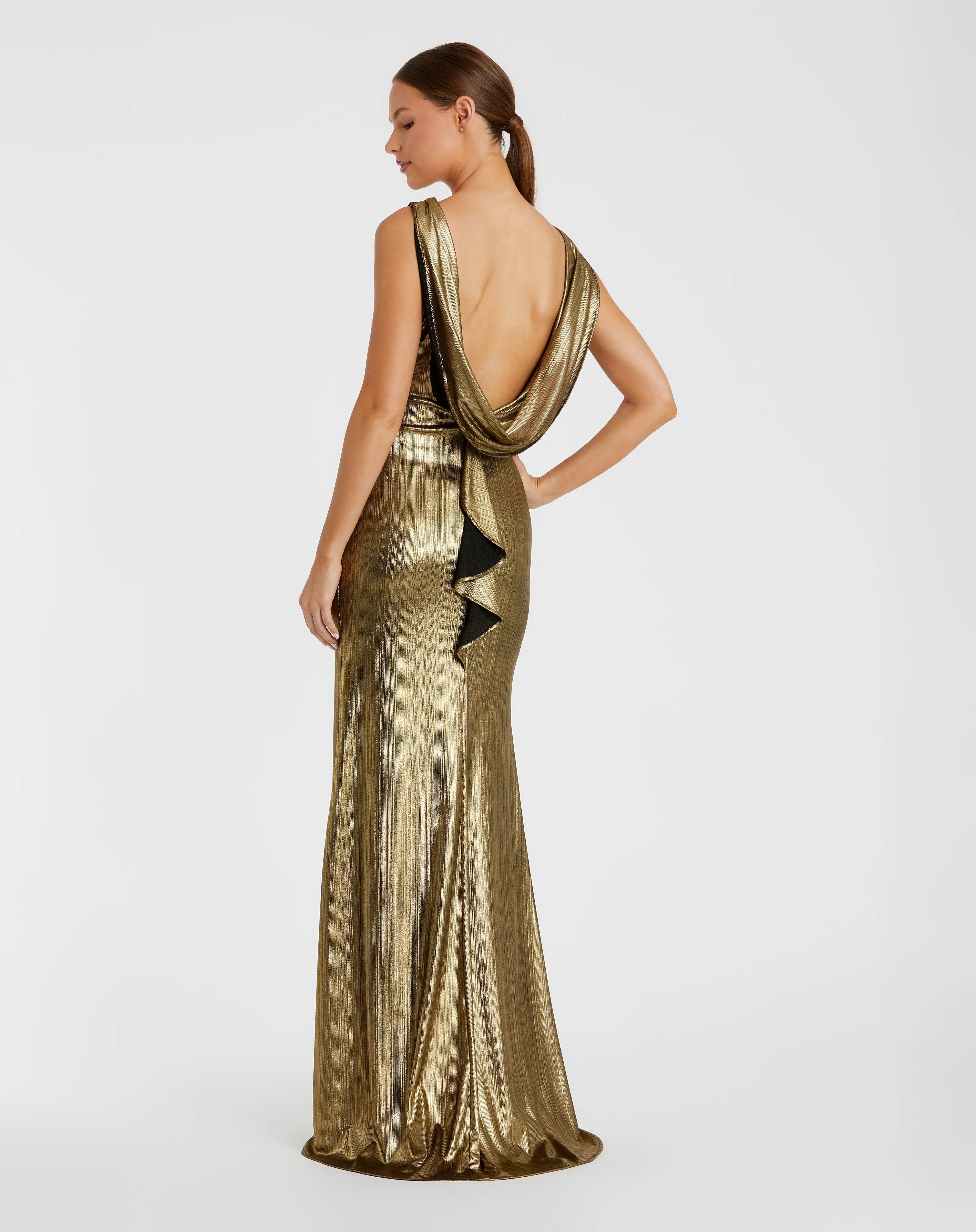 Gold Metallic Jersey Cowl Back Column Gown