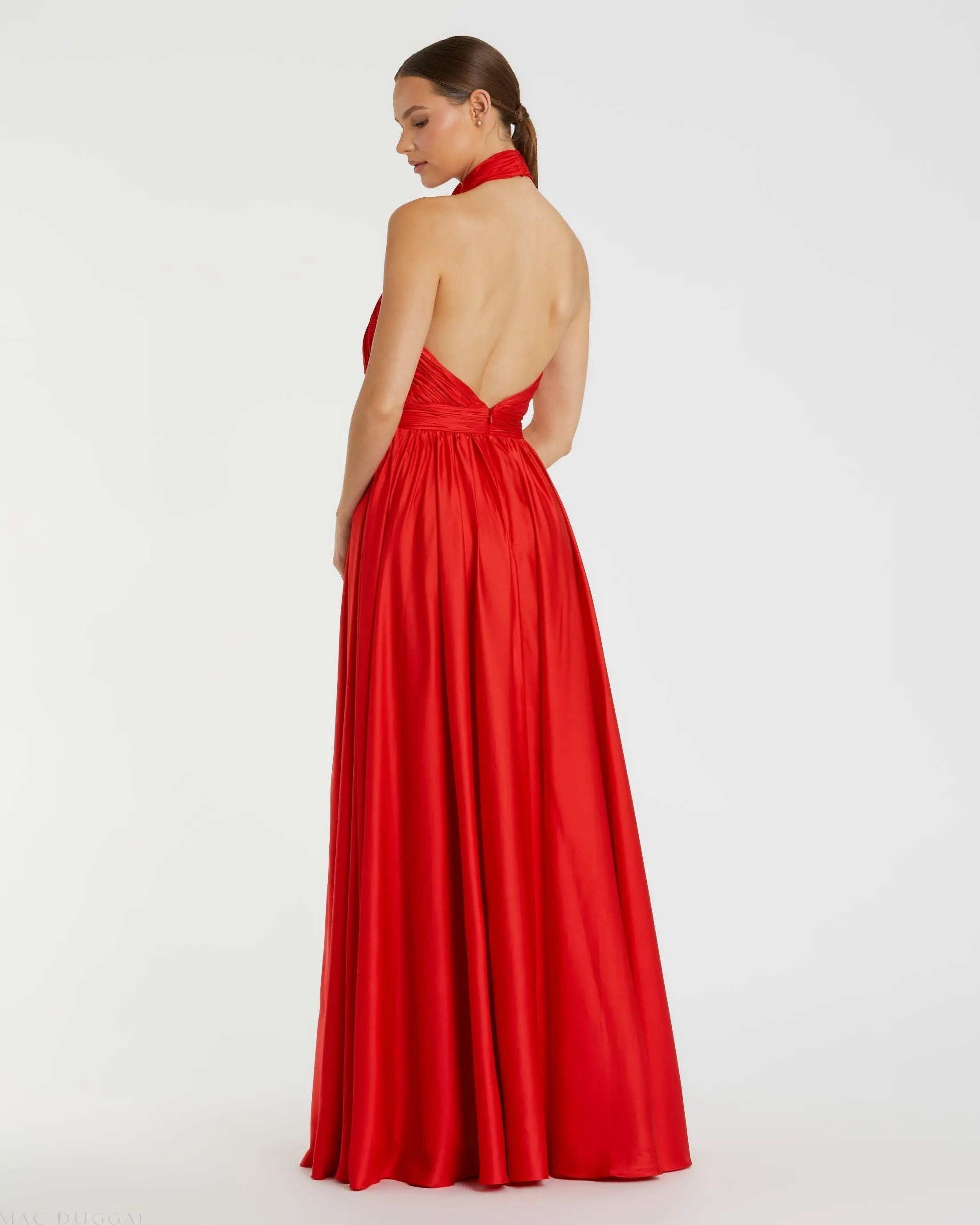 Red Halter Neck Open Back Satin Gown With Slit