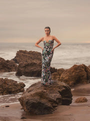 Black Multicolor Embroidered Bustier Trumpet Gown