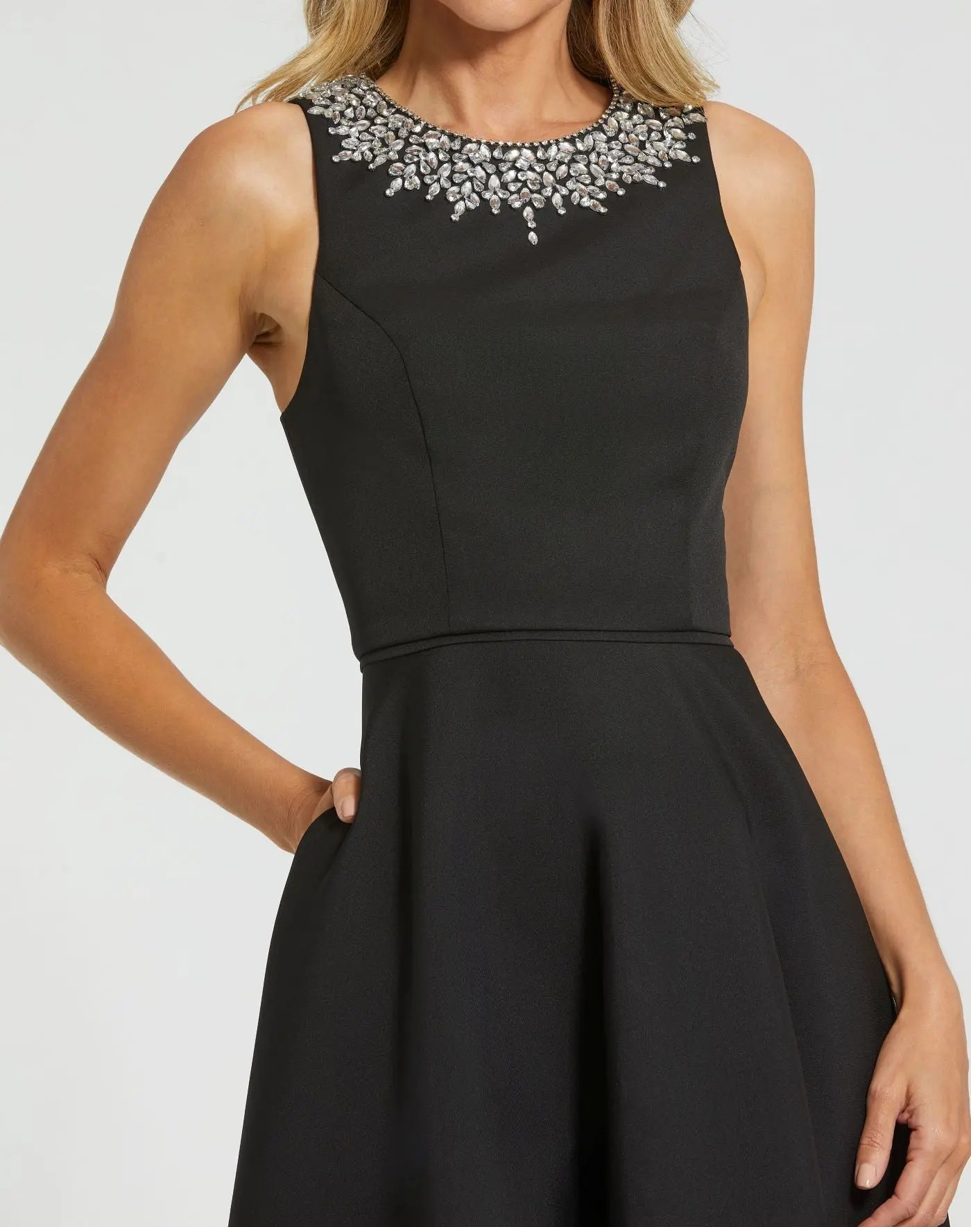 Black Crepe Embellished Neck High Low Gown