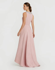 Pink Crepe Embellished Neck High Low Gown