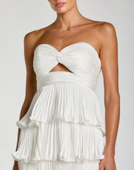 White Pleated Charmeuse Strapless Tiered Ruffle Gown