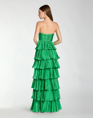 Dark Green Pleated Charmeuse Strapless Tiered Ruffle Gown