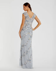Light Blue Floral Embellished Cap Sleeve Column Gown