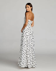 White Polka Dot Strapless Viscose Gown With Slit