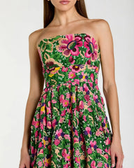 Green Strapless Floral Embroidered Midi Dress