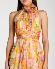 Multicolor Floral Halter Neck Midi Dress With 3D Flower