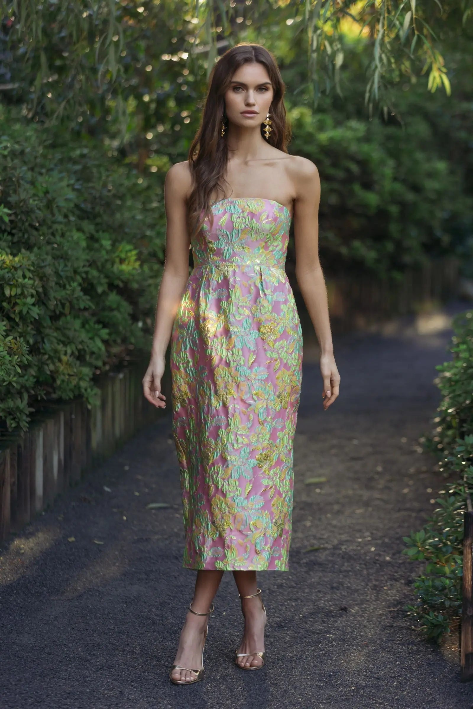 Multicolor Strapless Floral Brocade Midi Dress