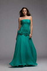 Green Strapless Chiffon Ball Gown With 3D Flowers