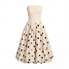 Beige Strapless Polka Dot Bubble Skirt Midi Dress