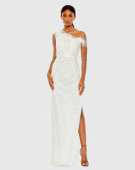 White Embellished One Shoulder Gown w/ Ostrich Feathers - FINAL SALE