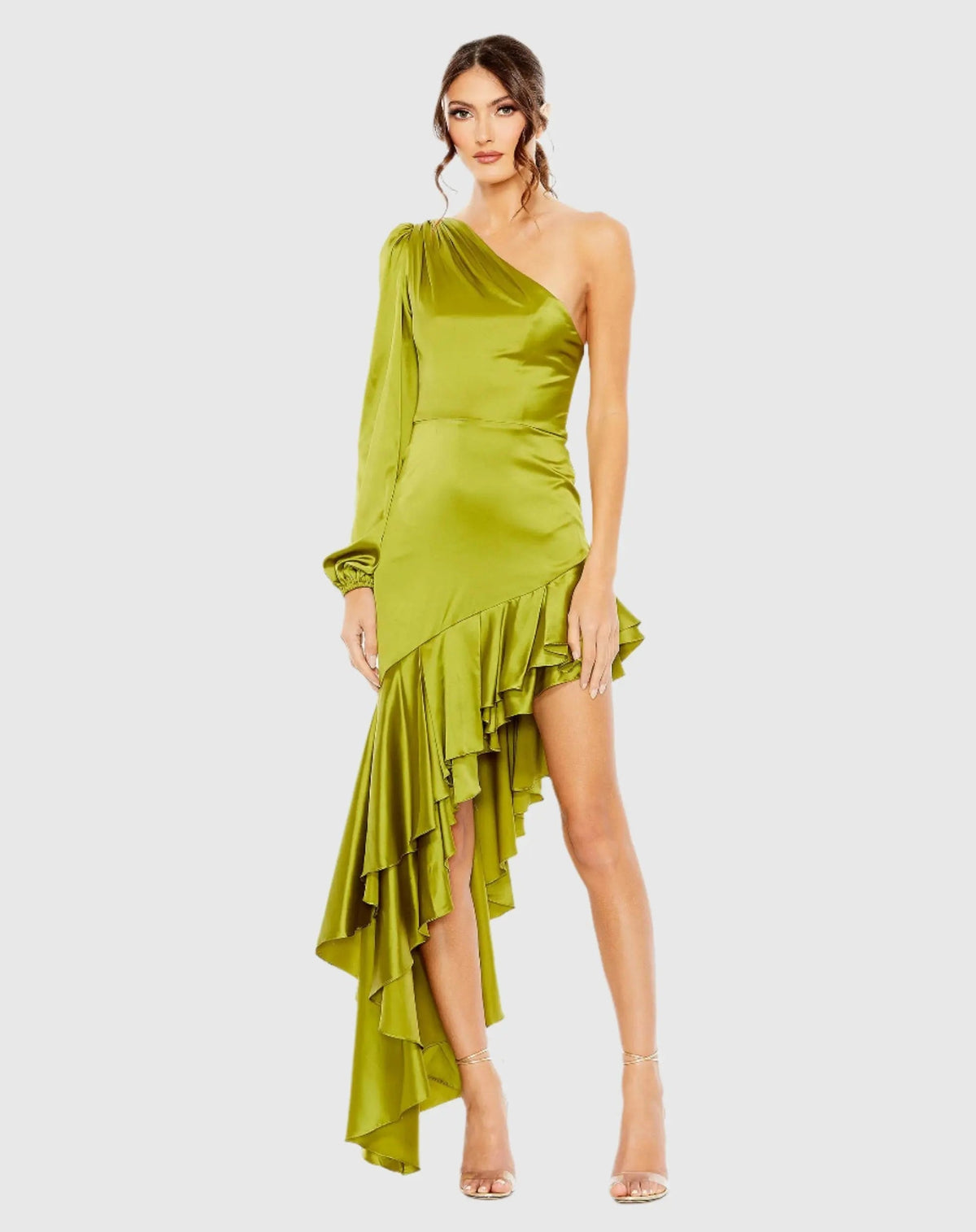 Green Charmeuse One Sleeve Ruffled Asymmetrical Gown - FINAL SALE
