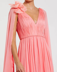 Pink Chiffon V-Neck Gown With Cape Sleeves