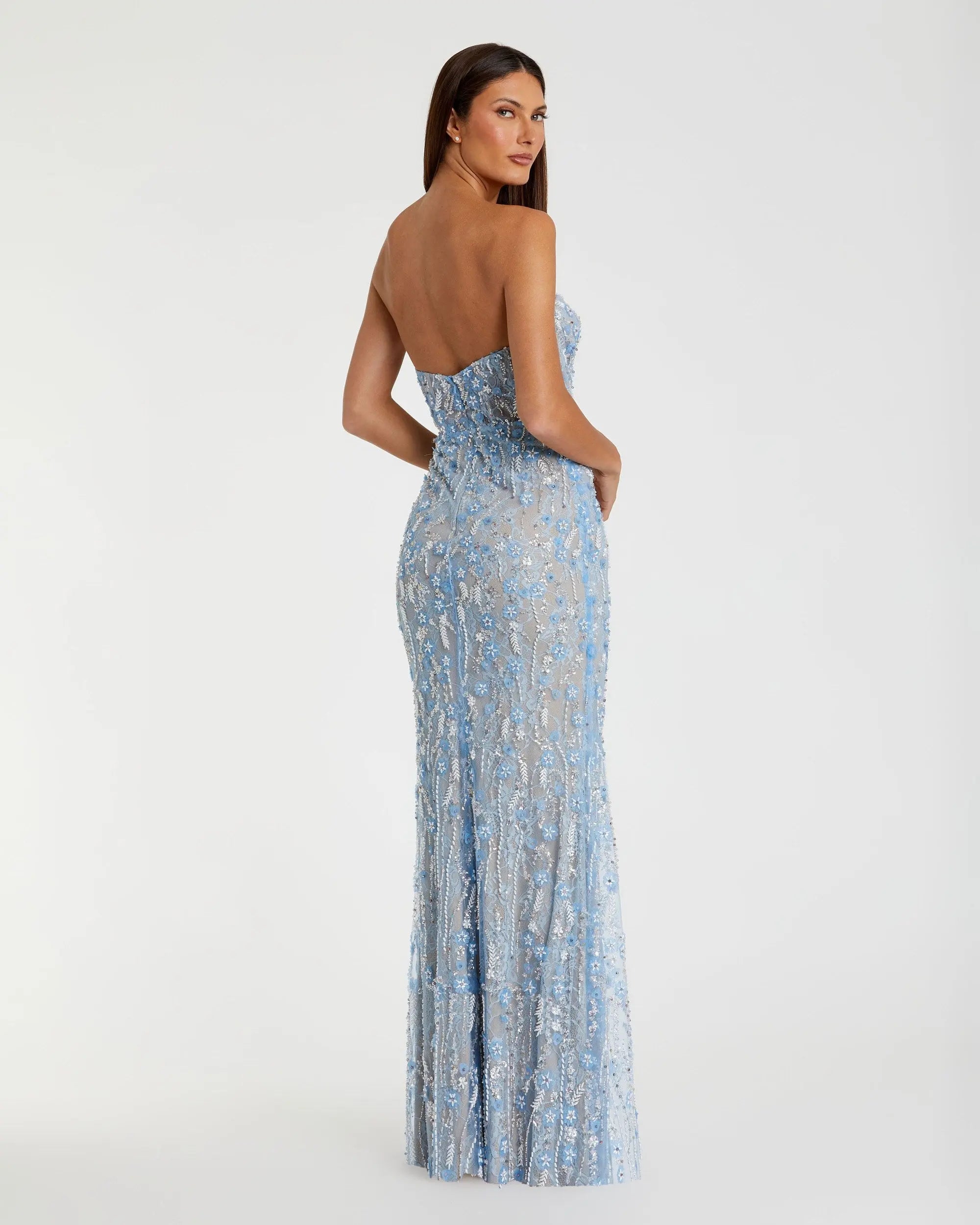 Blue Embellished Lace Strapless Bustier Gown