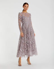 Purple Floral Embroidered High Neck Long Sleeve Dress