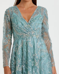 Blue Embellished Long Sleeve V-Neck Midi Dress