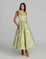 Green One Shoulder Brocade Midi Dress With Bow Detail