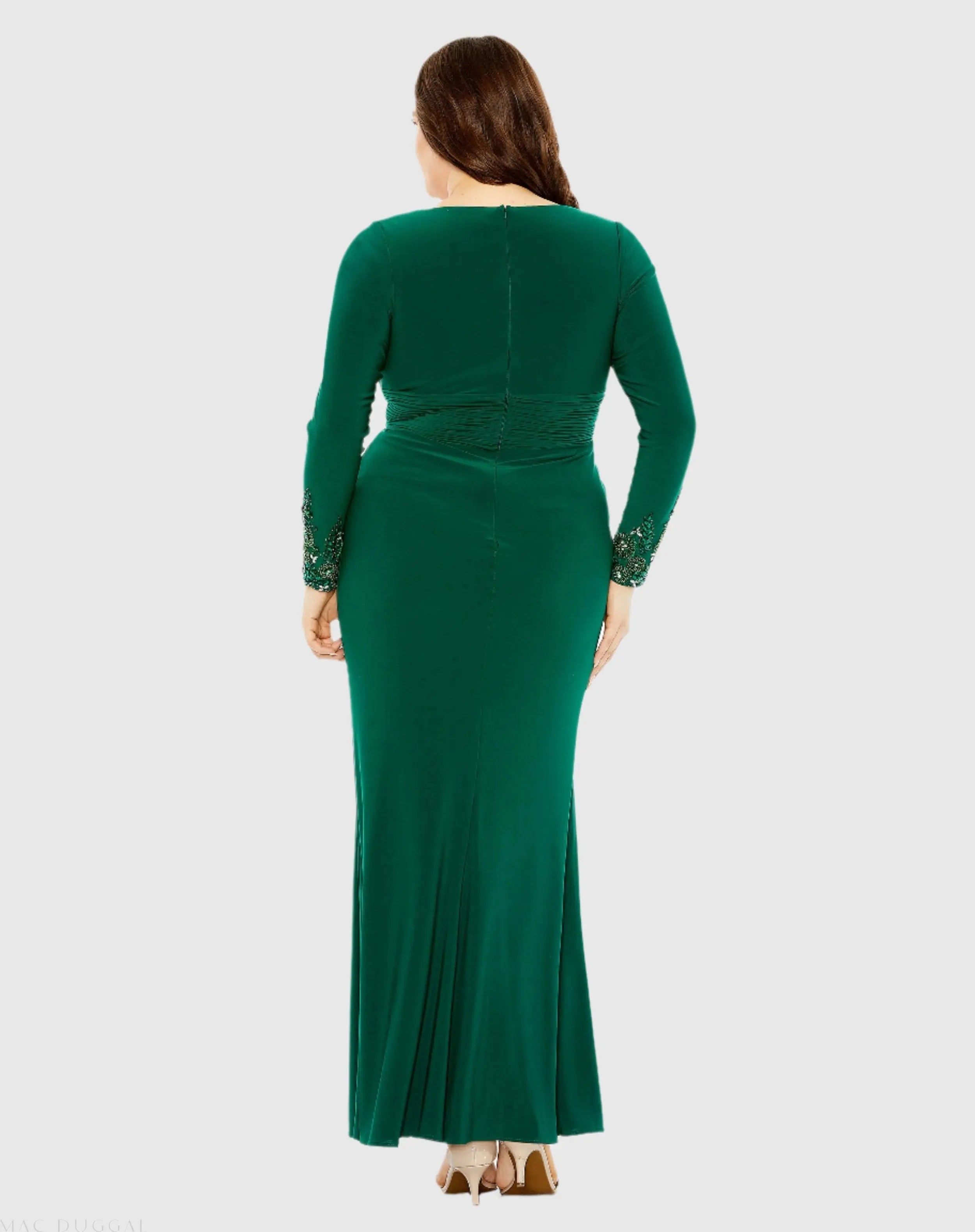 Green Long Crystal Detail Sleeve V Neck Gown - FINAL SALE