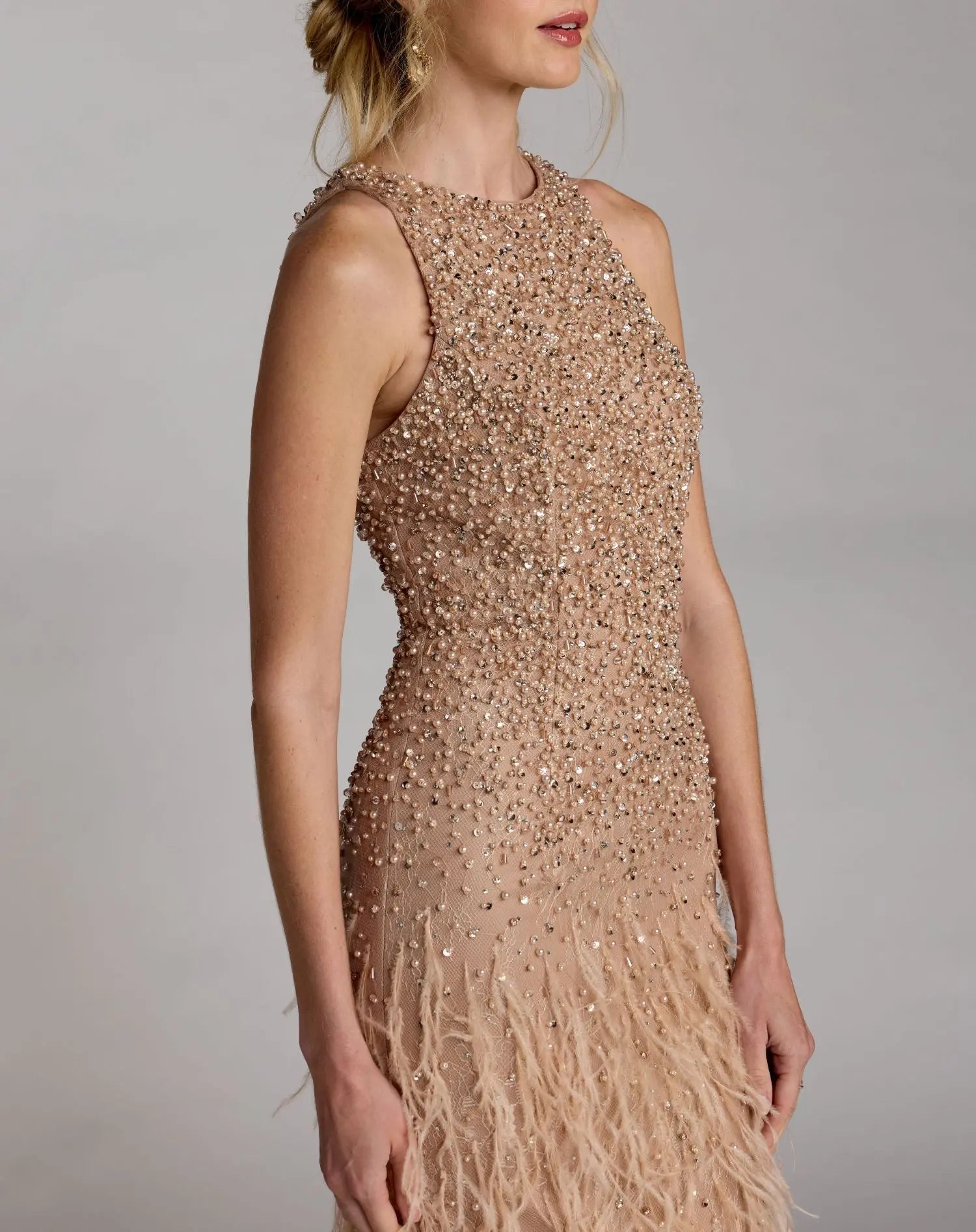 Beige Embellished Lace Sleeveless Feather Gown