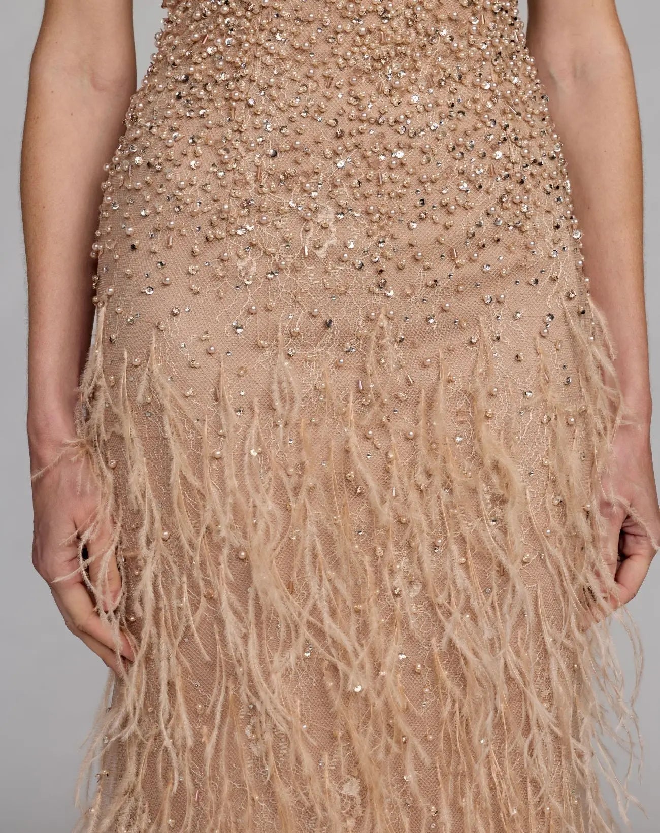 Beige Embellished Lace Sleeveless Feather Gown