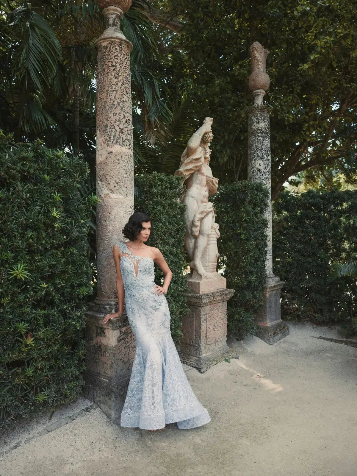 Blue Embellished Lace One Shoulder Gown With Feather Detail