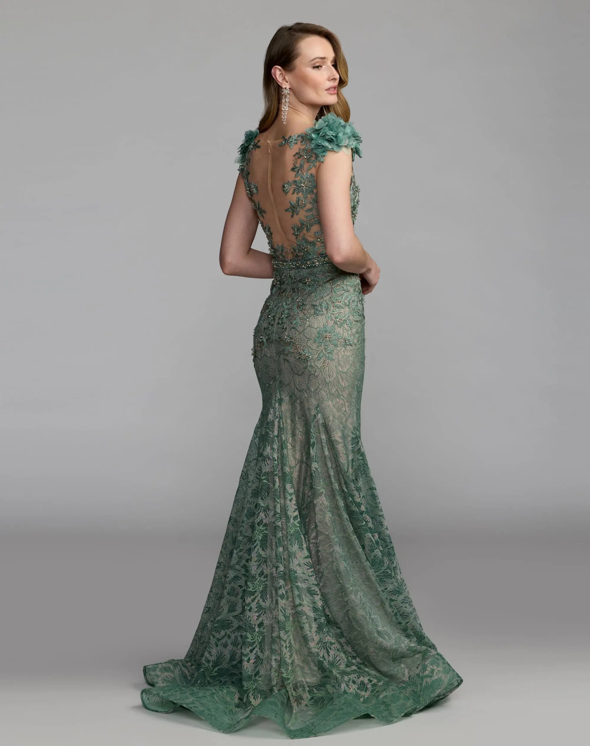 Green Embellished Lace Illusion Neck Gown With 3D Flowers