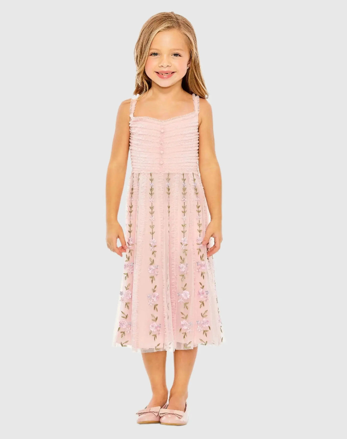 Girls Pink Ruffle Floral Embroidered Detail Mini Dress