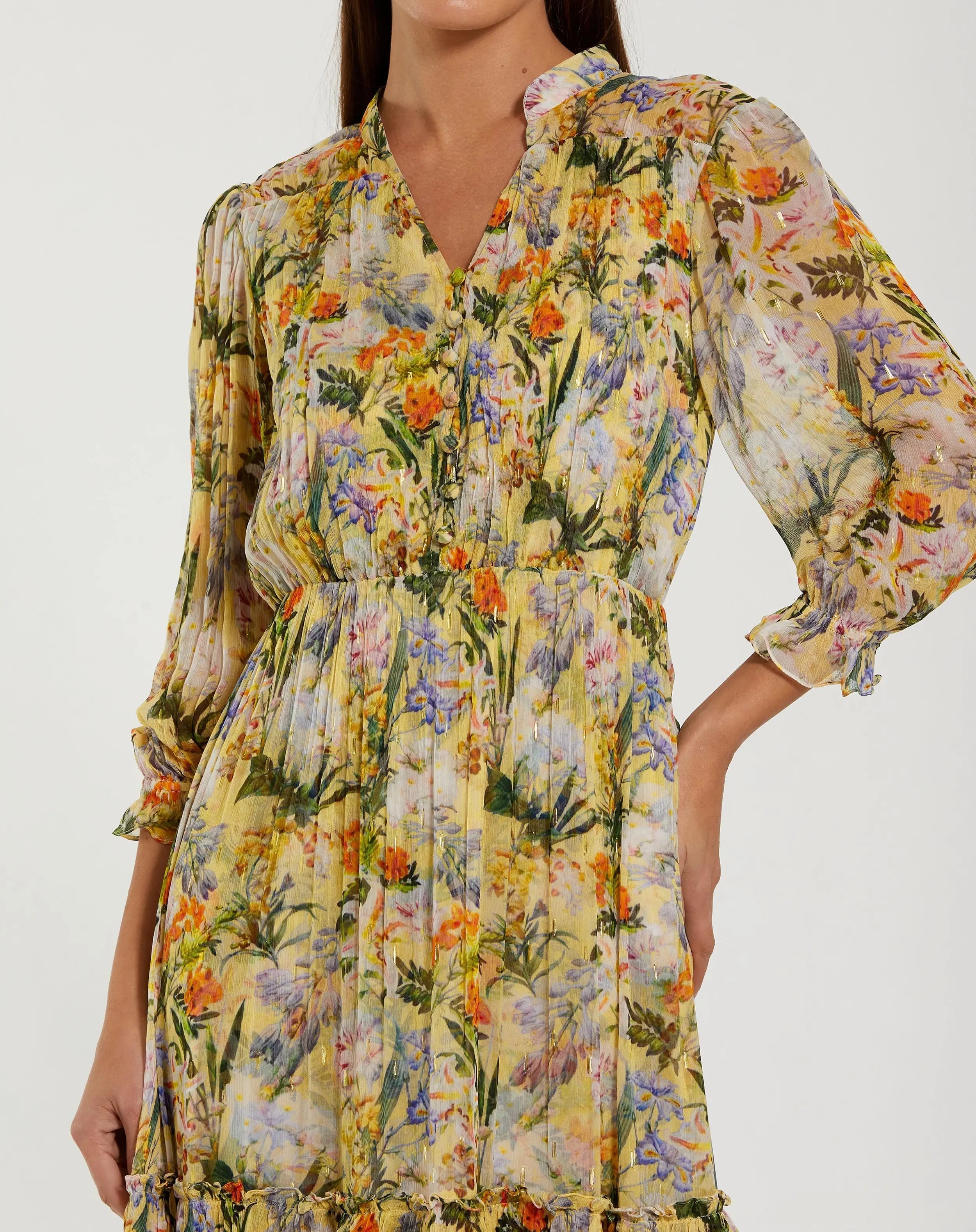 Yellow Floral V Neck Ruffle Midi Dress With 3/4 Sleeves