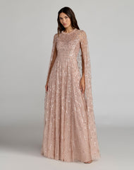 Pink Embellished High Neck Gown With Cape Sleeves
