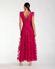 Pink V-Neck Cap Sleeve Ruffle Maxi Dress