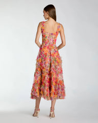 Multicolor Floral Scoop Neck A-Line Ruffle Midi Dress