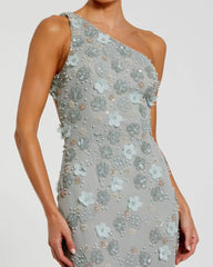 Green Open Back One Shoulder Embellished Trumpet Gown