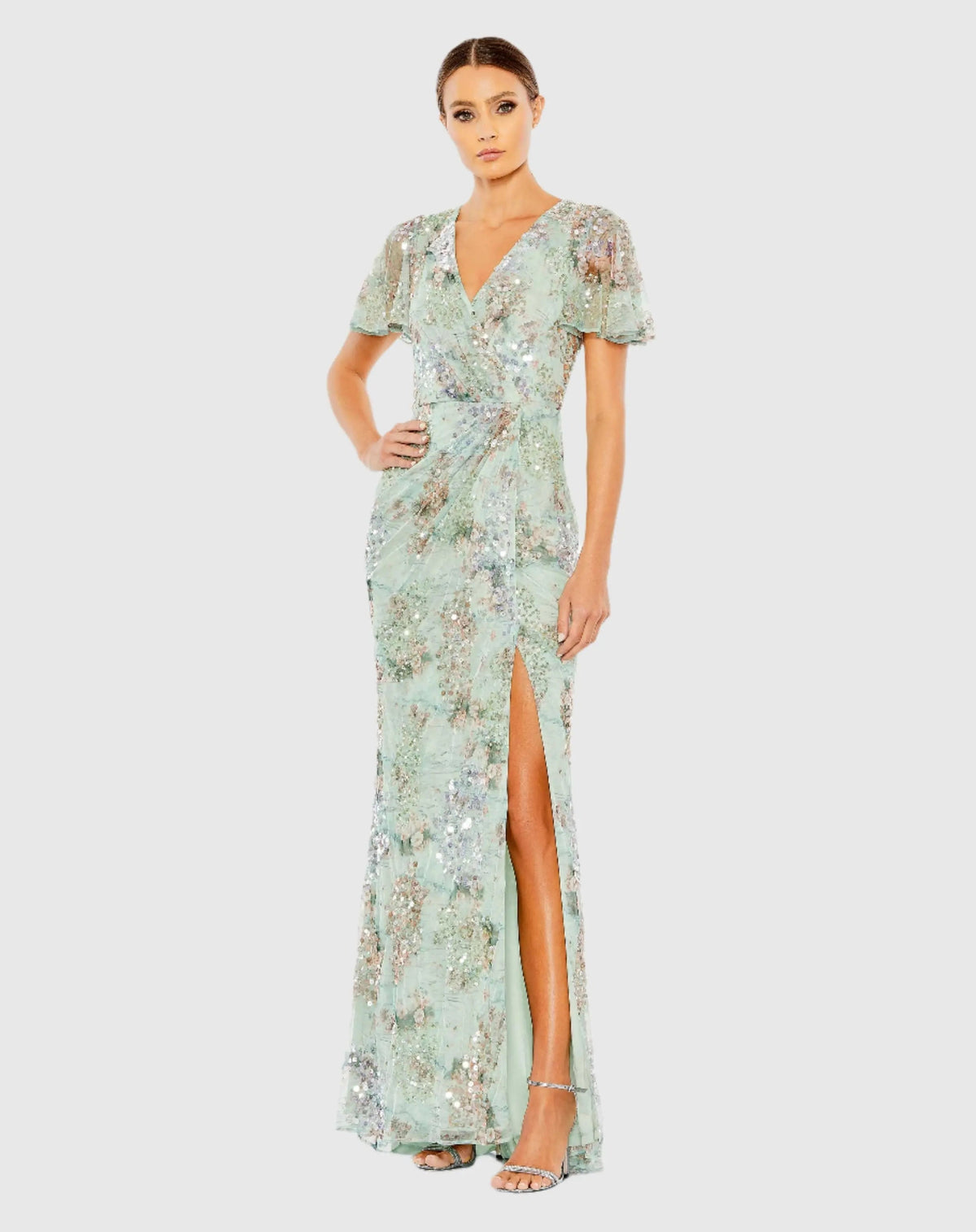 Green Flutter Sleeve Embellished Evening Gown