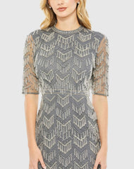 Gray Beaded Fringe Quarter Sleeve Column Gown