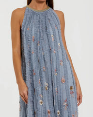 Blue Ruffled Trapeze Gown with Floral Embroidery