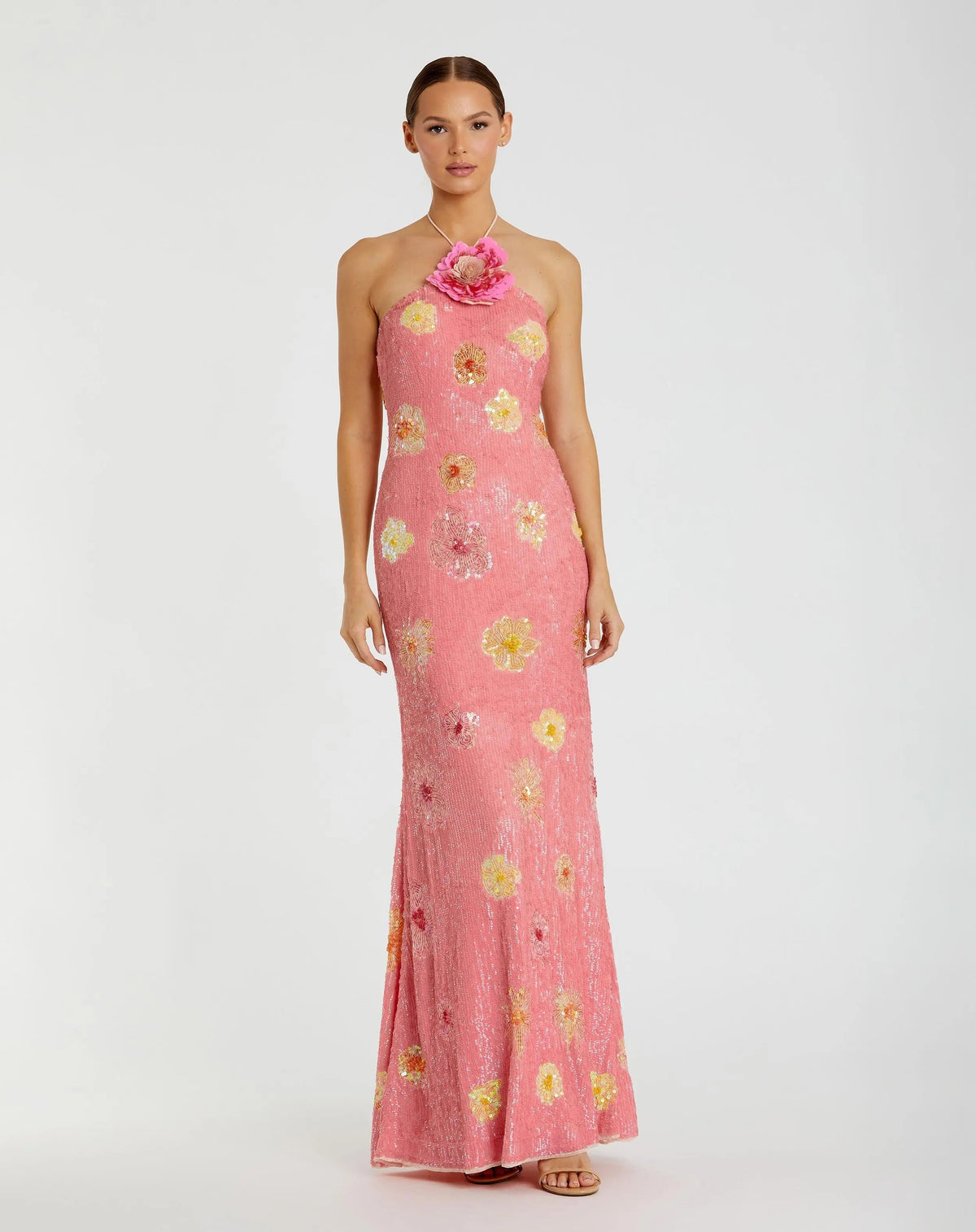 Pink Floral Beaded Halter Gown With 3D Flower
