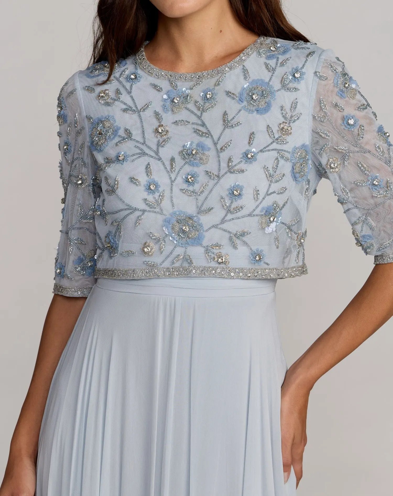 Blue High Neck Embellished Top With Chiffon Skirt Gown