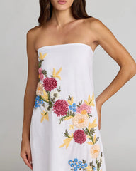 White Strapless Floral Embroidered Linen Gown