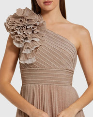 Petite Pink Pleated Metallic One Shoulder Gown With Ruffle