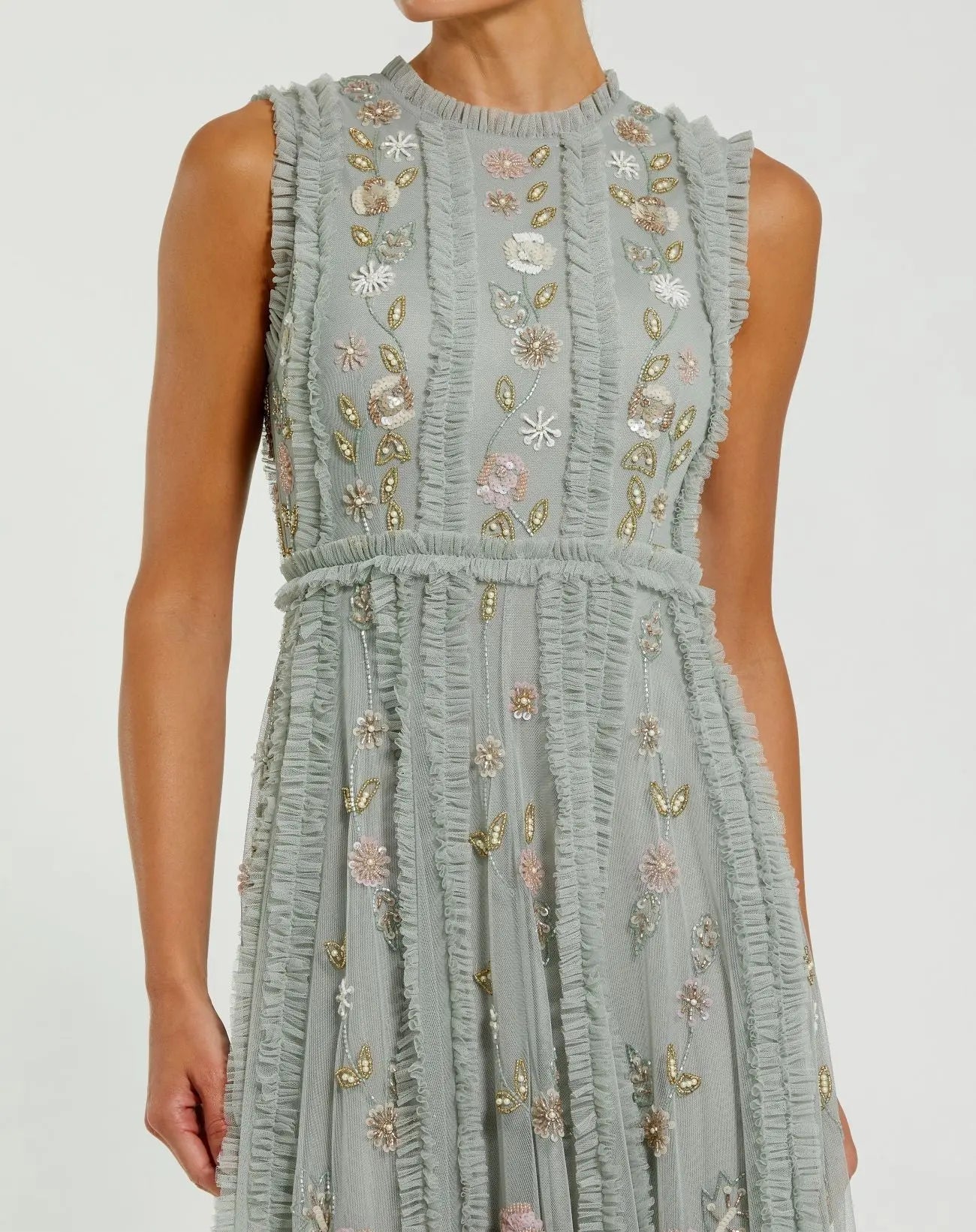 Petite Green Floral Mesh Sleeveless A Line Micro Ruffle Gown