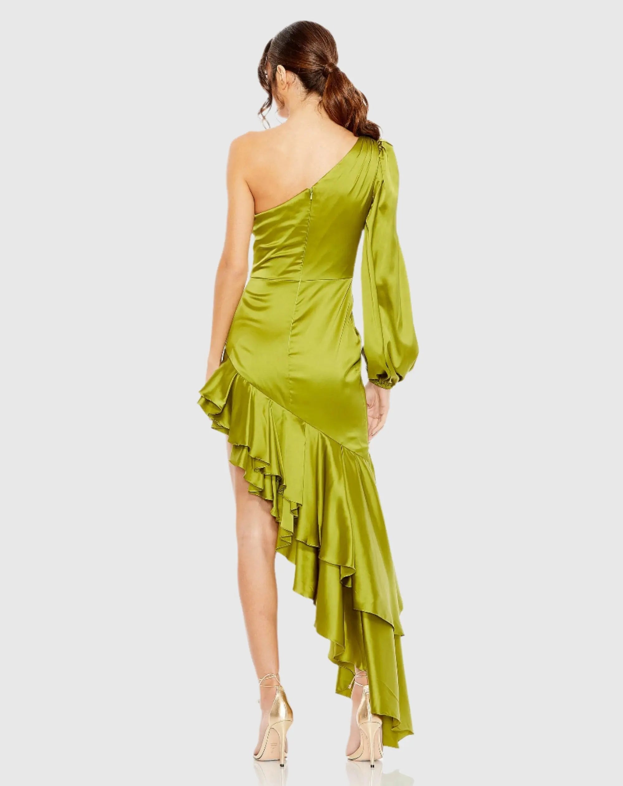 Green Charmeuse One Sleeve Ruffled Asymmetrical Gown - FINAL SALE